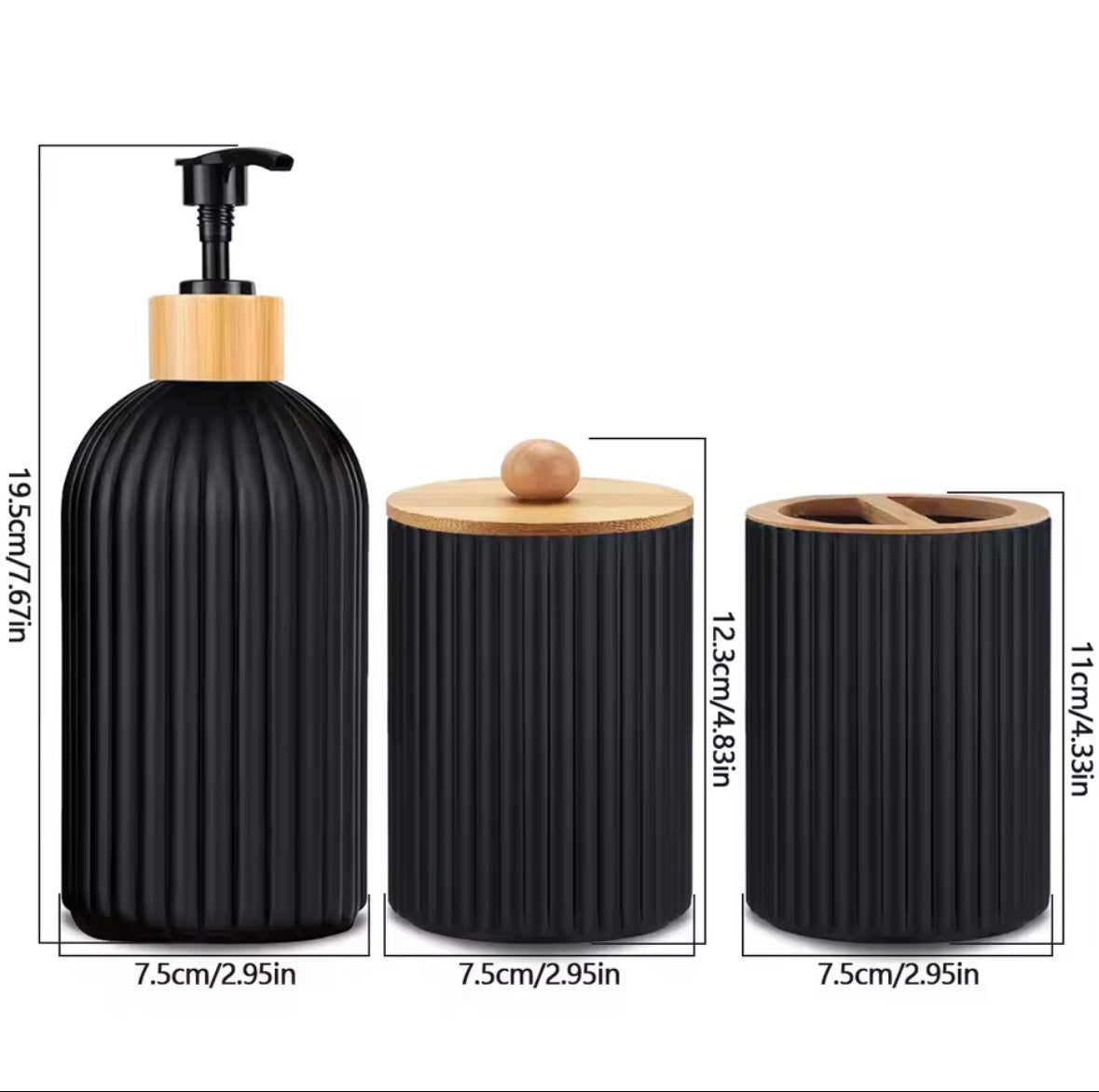 Luxury 3-Piece Bathroom Accessory Set - Ribbed Matte Black Ceramic Vanity Organizer with Bamboo Accents