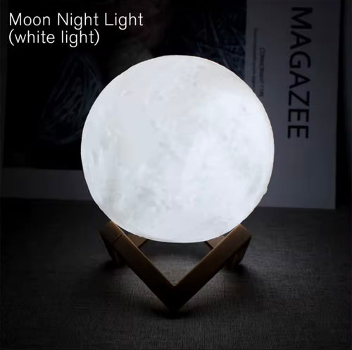 3D Moon Lamp Night Light, Rechargeable LED Bedside Desk Touch Sensor Lamp with Wooden Stand, 7-Color Changing Cycle Illusion Lunar Light for Bedroom Decor, Kids & Adults Gifts