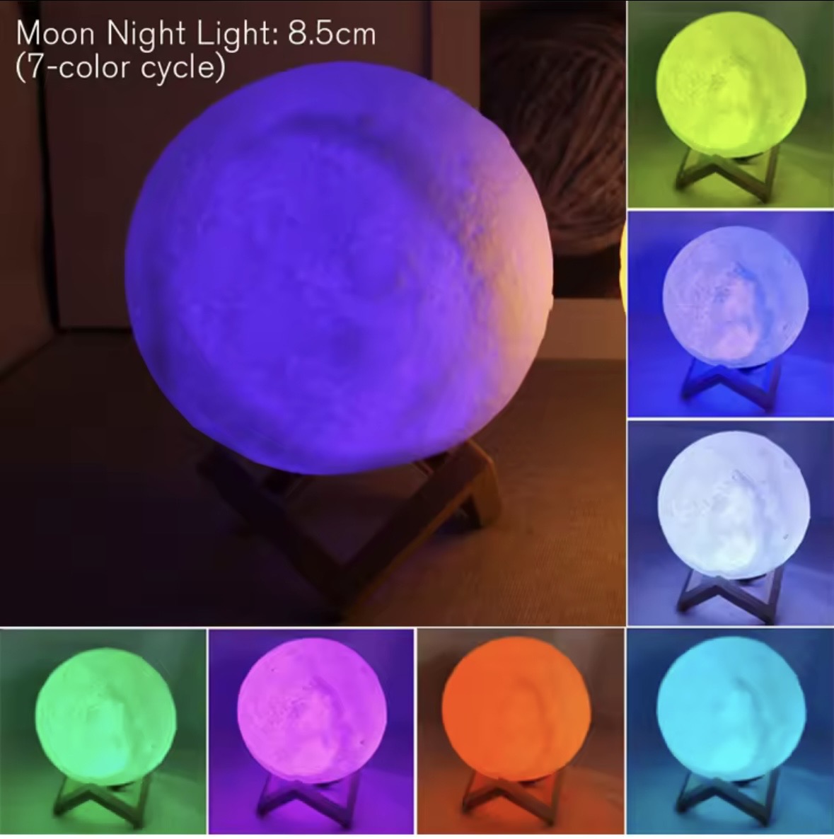 3D Moon Lamp Night Light, Rechargeable LED Bedside Desk Touch Sensor Lamp with Wooden Stand, 7-Color Changing Cycle Illusion Lunar Light for Bedroom Decor, Kids & Adults Gifts