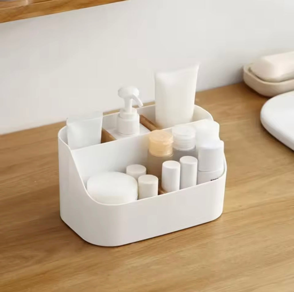 Desk Organizer with Bamboo Dividers, Plastic Makeup Cosmetics Storage Box, Multi-Functional Vanity Countertop Tidies for Office Supplies, Brushes, and Skincare (White)