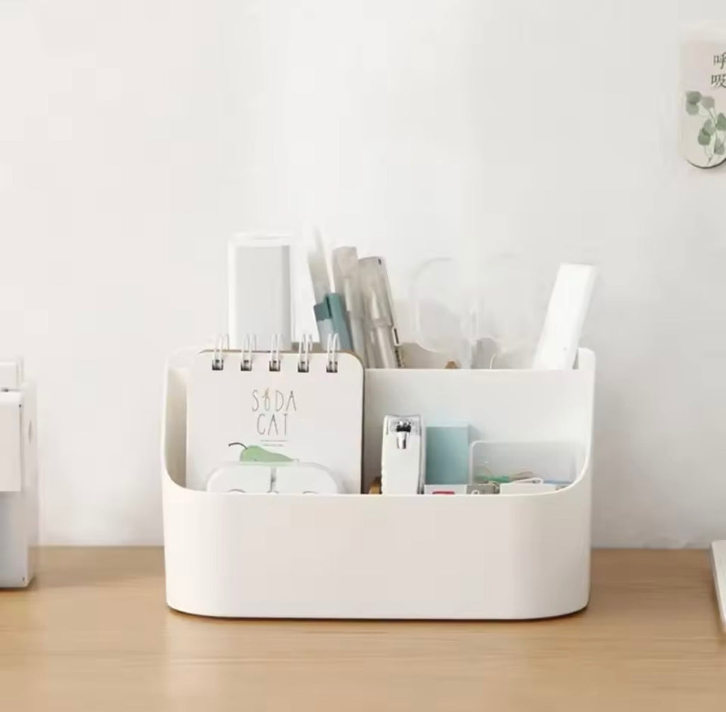 Desk Organizer with Bamboo Dividers, Plastic Makeup Cosmetics Storage Box, Multi-Functional Vanity Countertop Tidies for Office Supplies, Brushes, and Skincare (White)