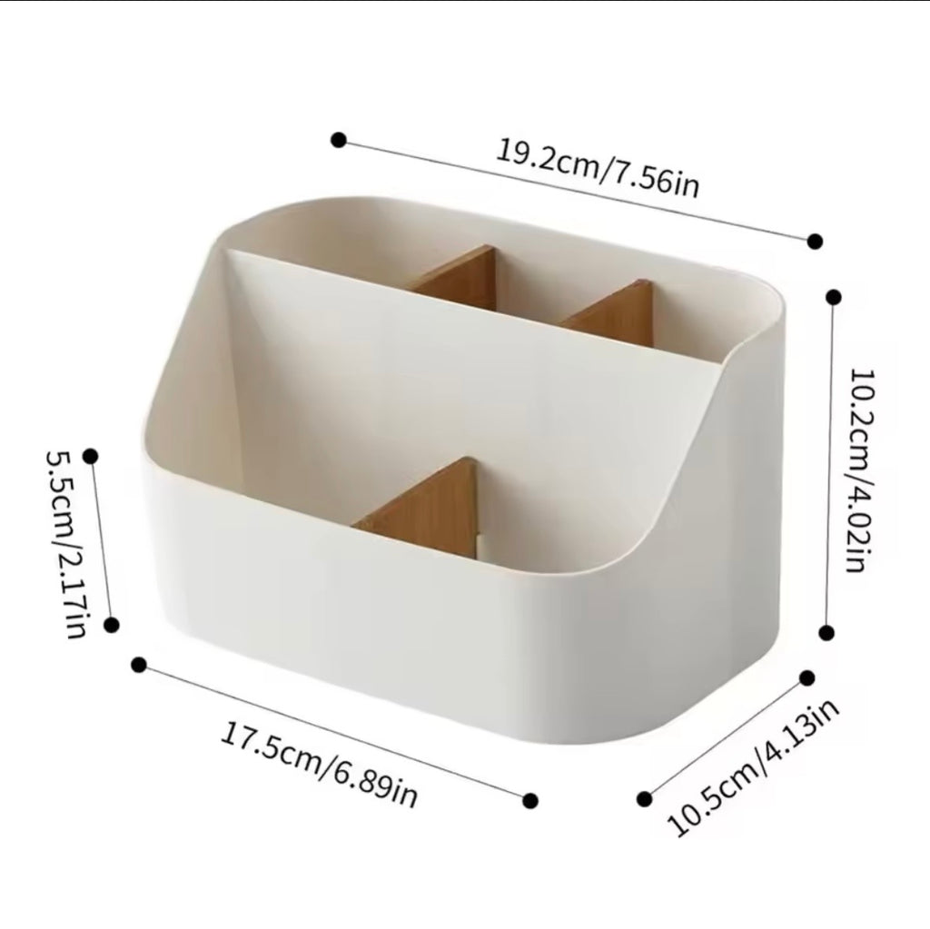 Desk Organizer with Bamboo Dividers, Plastic Makeup Cosmetics Storage Box, Multi-Functional Vanity Countertop Tidies for Office Supplies, Brushes, and Skincare (White)