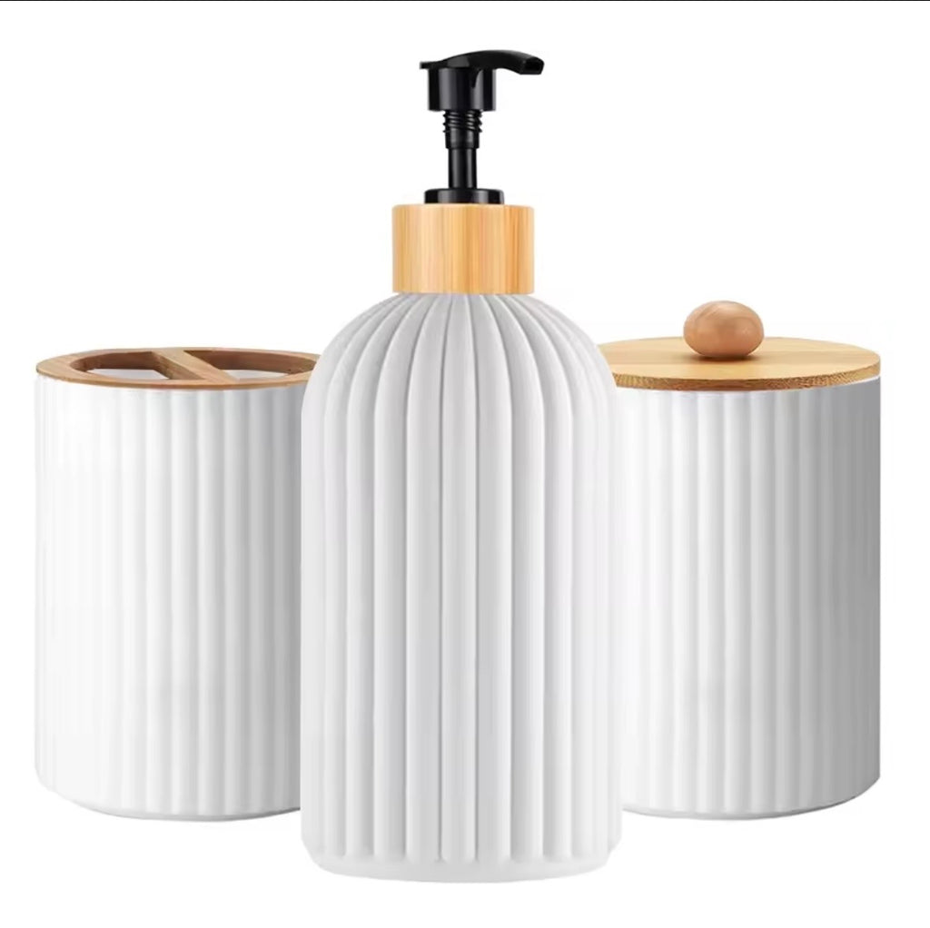 Luxury 3-Piece Bathroom Accessory Set - Ribbed Matte Black Ceramic Vanity Organizer with Bamboo Accents