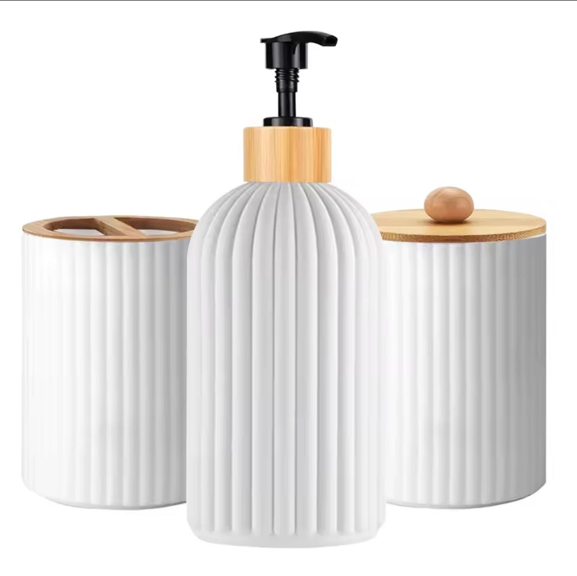 Luxury 3-Piece Bathroom Accessory Set - Ribbed Matte Black Ceramic Vanity Organizer with Bamboo Accents