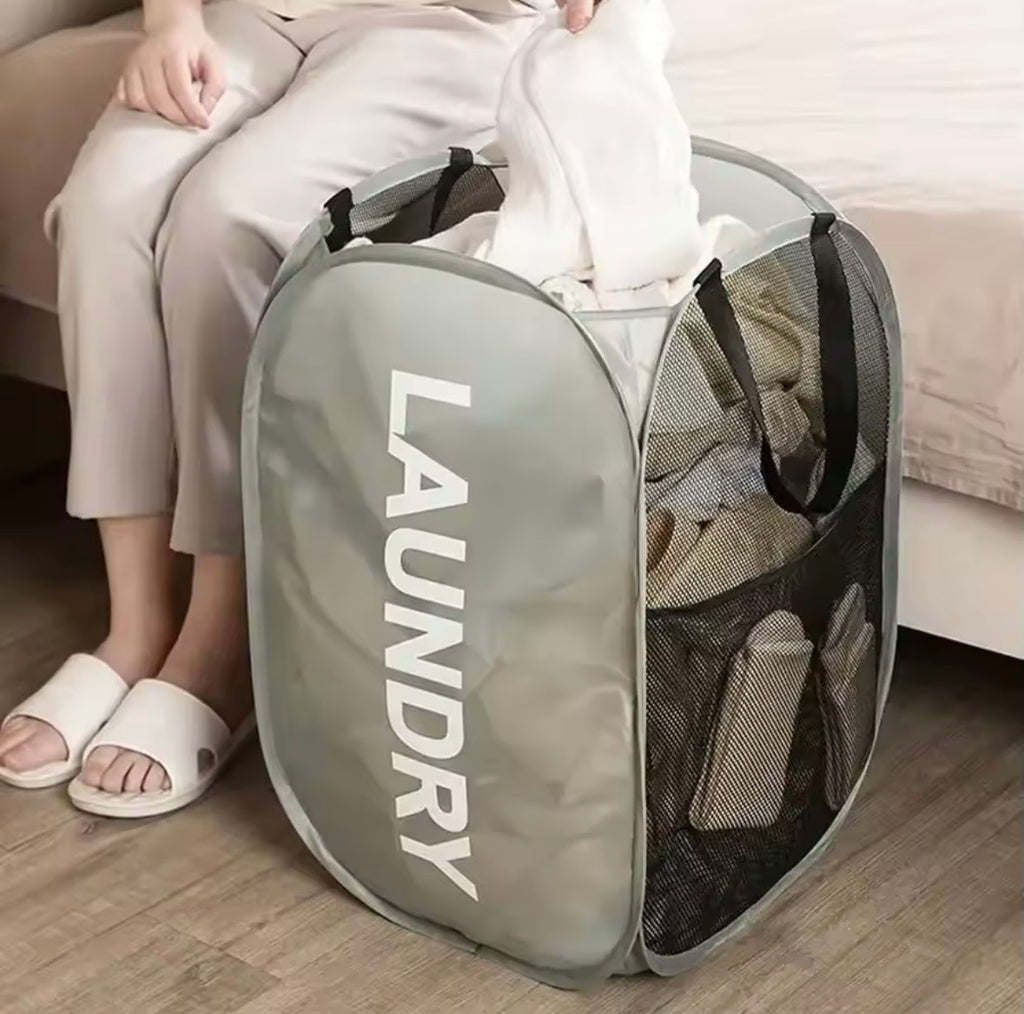 Pop-Up Mesh Laundry Hamper - Foldable Clothes Basket with Handles & Side Pocket