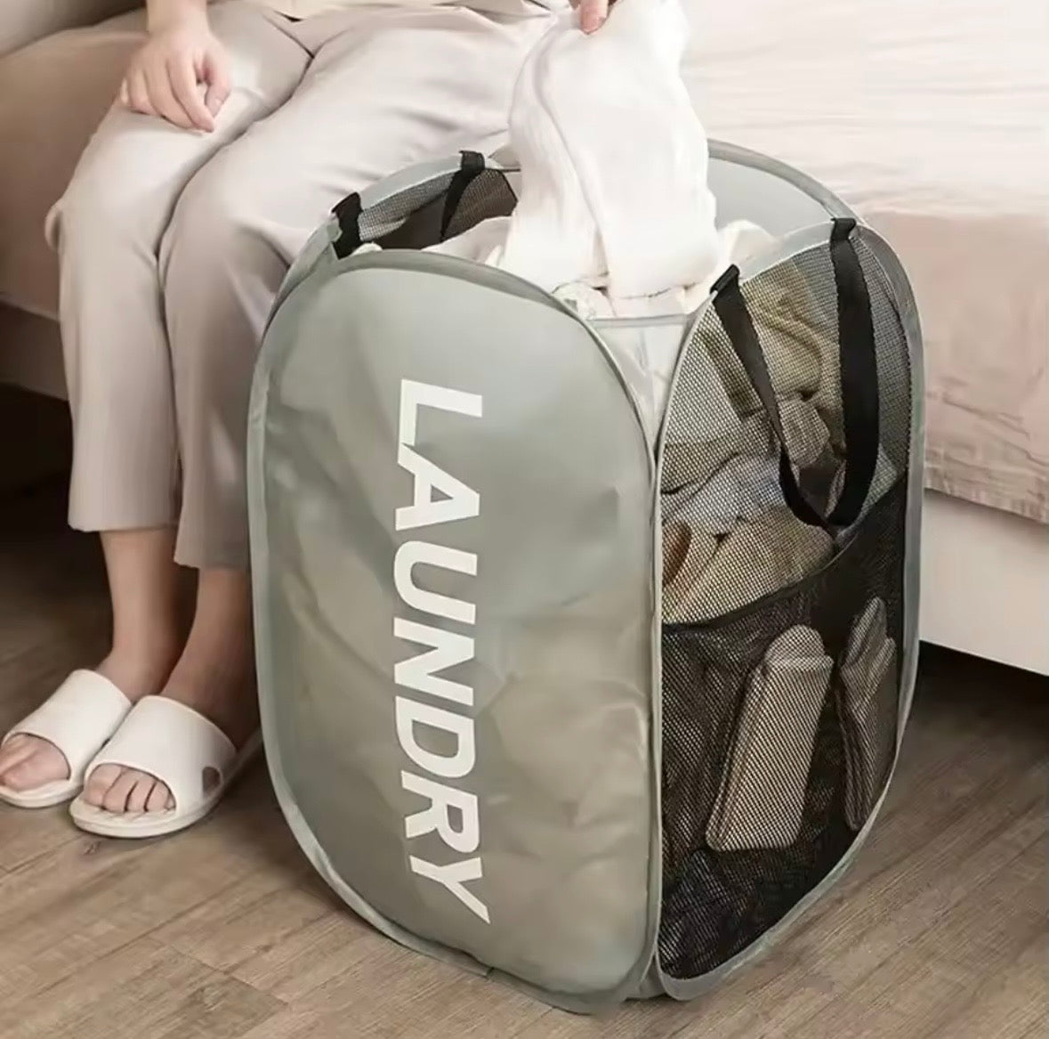 Pop-Up Mesh Laundry Hamper - Foldable Clothes Basket with Handles & Side Pocket