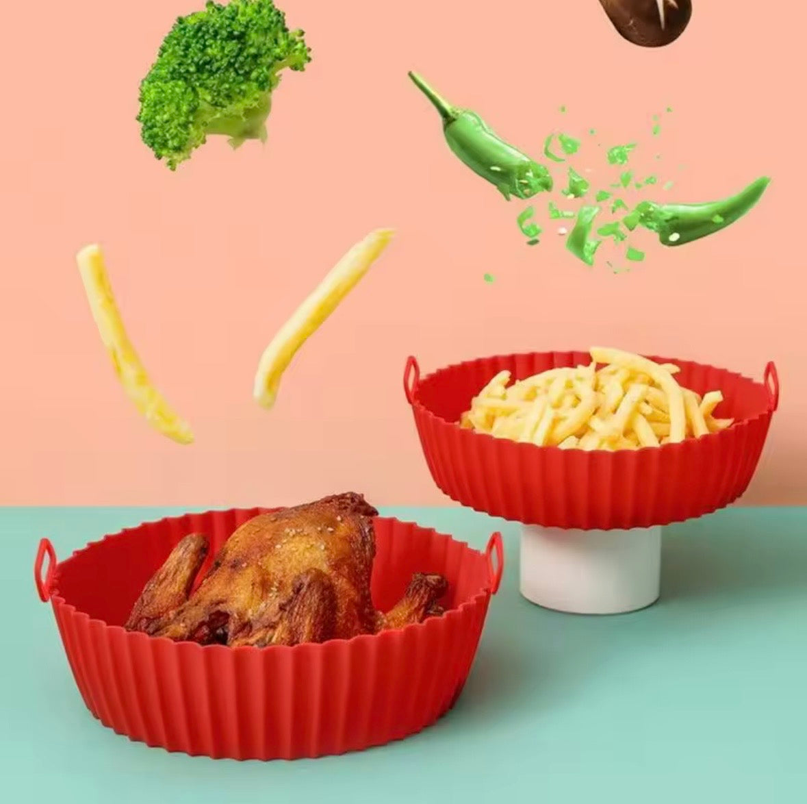 Buy 1 Get 2! - Reusable Silicone Air Fryer Liner - Non-Stick Round Air Fryer Silicone Basket with Handles