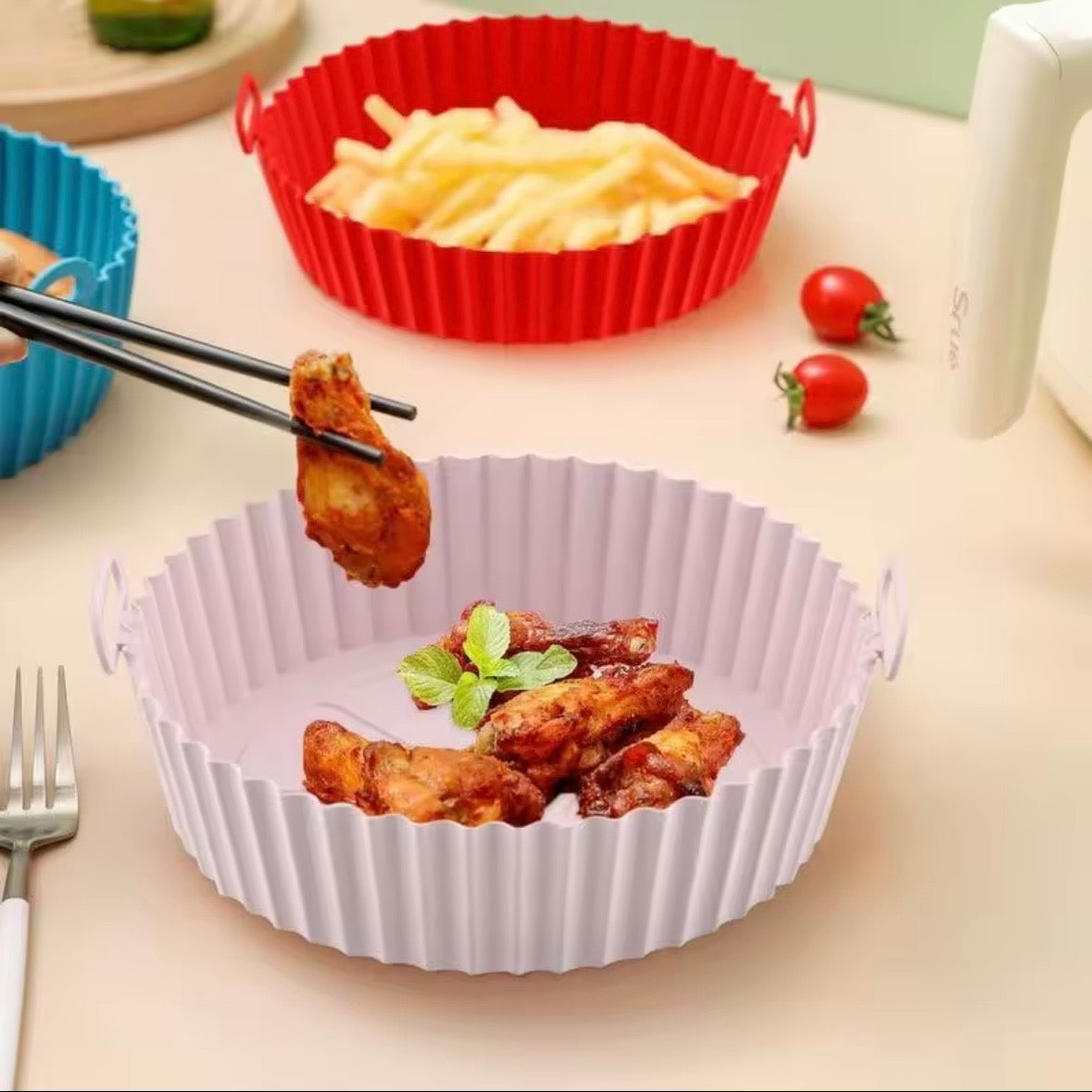 Buy 1 Get 2! - Reusable Silicone Air Fryer Liner - Non-Stick Round Air Fryer Silicone Basket with Handles