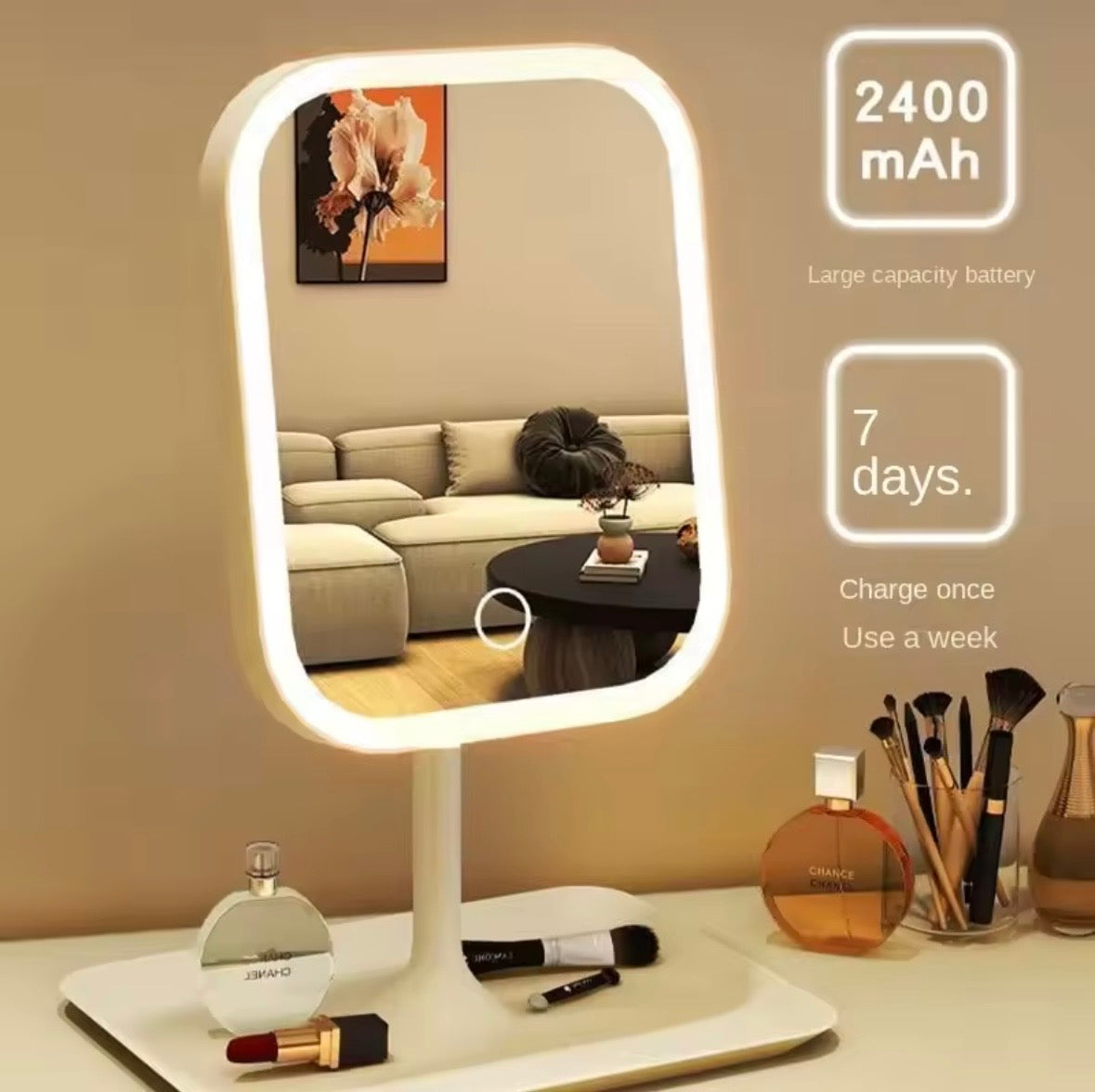 LED Makeup Mirror with Smart Touch Light - Rechargeable Desktop Vanity Mirror