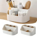 Desk Organizer with Bamboo Dividers, Plastic Makeup Cosmetics Storage Box, Multi-Functional Vanity Countertop Tidies for Office Supplies, Brushes, and Skincare (White)