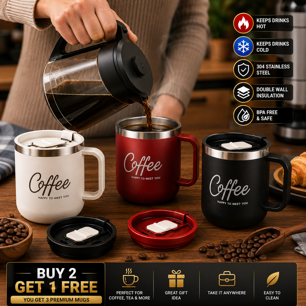 BUY 2, GET 1 FREE – Premium 304 Stainless Steel Insulated Coffee Mug ☕