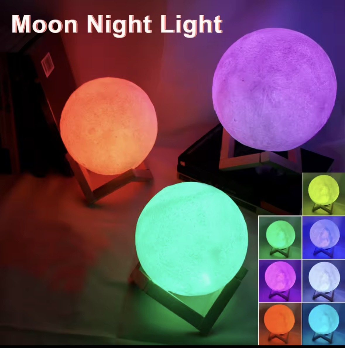 3D Moon Lamp Night Light, Rechargeable LED Bedside Desk Touch Sensor Lamp with Wooden Stand, 7-Color Changing Cycle Illusion Lunar Light for Bedroom Decor, Kids & Adults Gifts