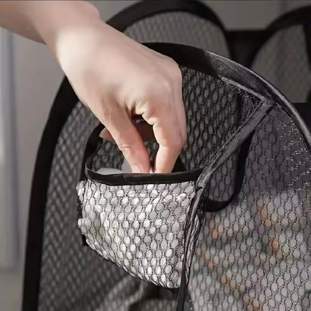 Pop-Up Mesh Laundry Hamper - Foldable Clothes Basket with Handles & Side Pocket