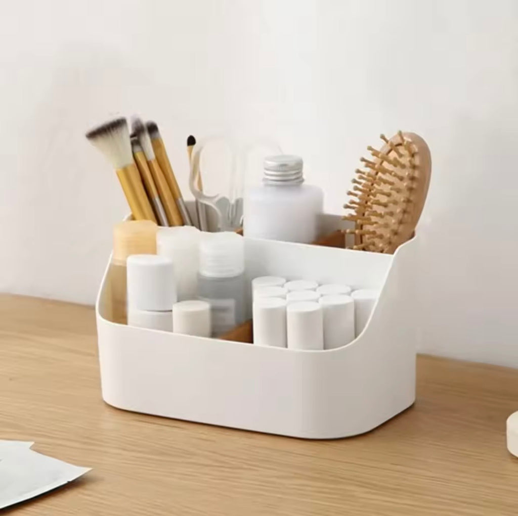 Desk Organizer with Bamboo Dividers, Plastic Makeup Cosmetics Storage Box, Multi-Functional Vanity Countertop Tidies for Office Supplies, Brushes, and Skincare (White)