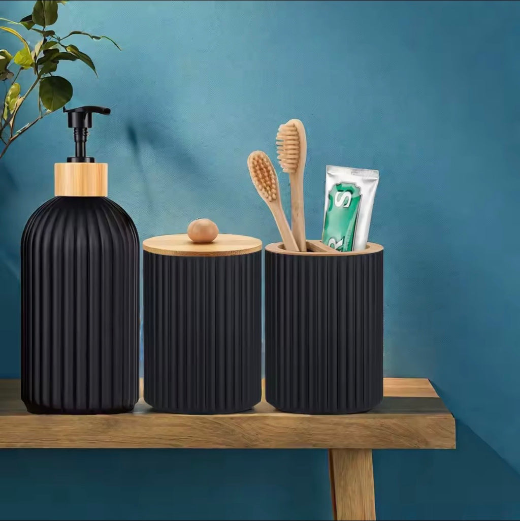 Luxury 3-Piece Bathroom Accessory Set - Ribbed Matte Black Ceramic Vanity Organizer with Bamboo Accents