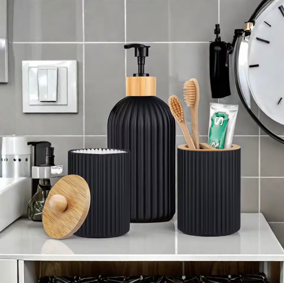 Luxury 3-Piece Bathroom Accessory Set - Ribbed Matte Black Ceramic Vanity Organizer with Bamboo Accents