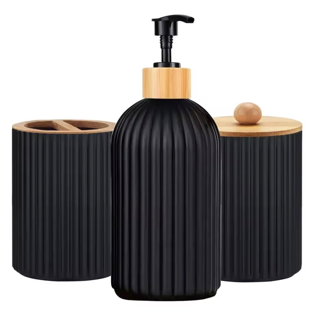 Luxury 3-Piece Bathroom Accessory Set - Ribbed Matte Black Ceramic Vanity Organizer with Bamboo Accents
