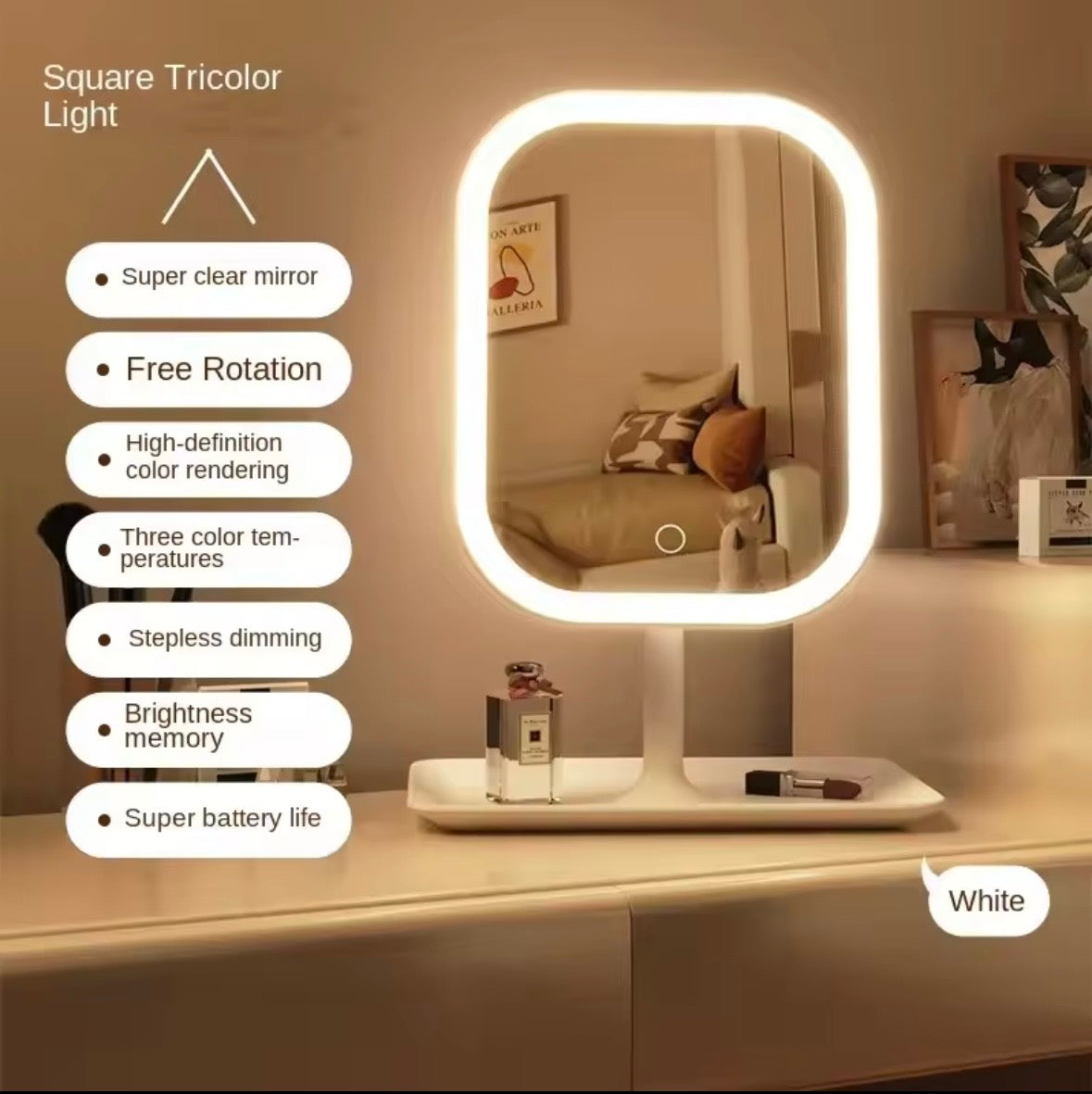 LED Makeup Mirror with Smart Touch Light - Rechargeable Desktop Vanity Mirror