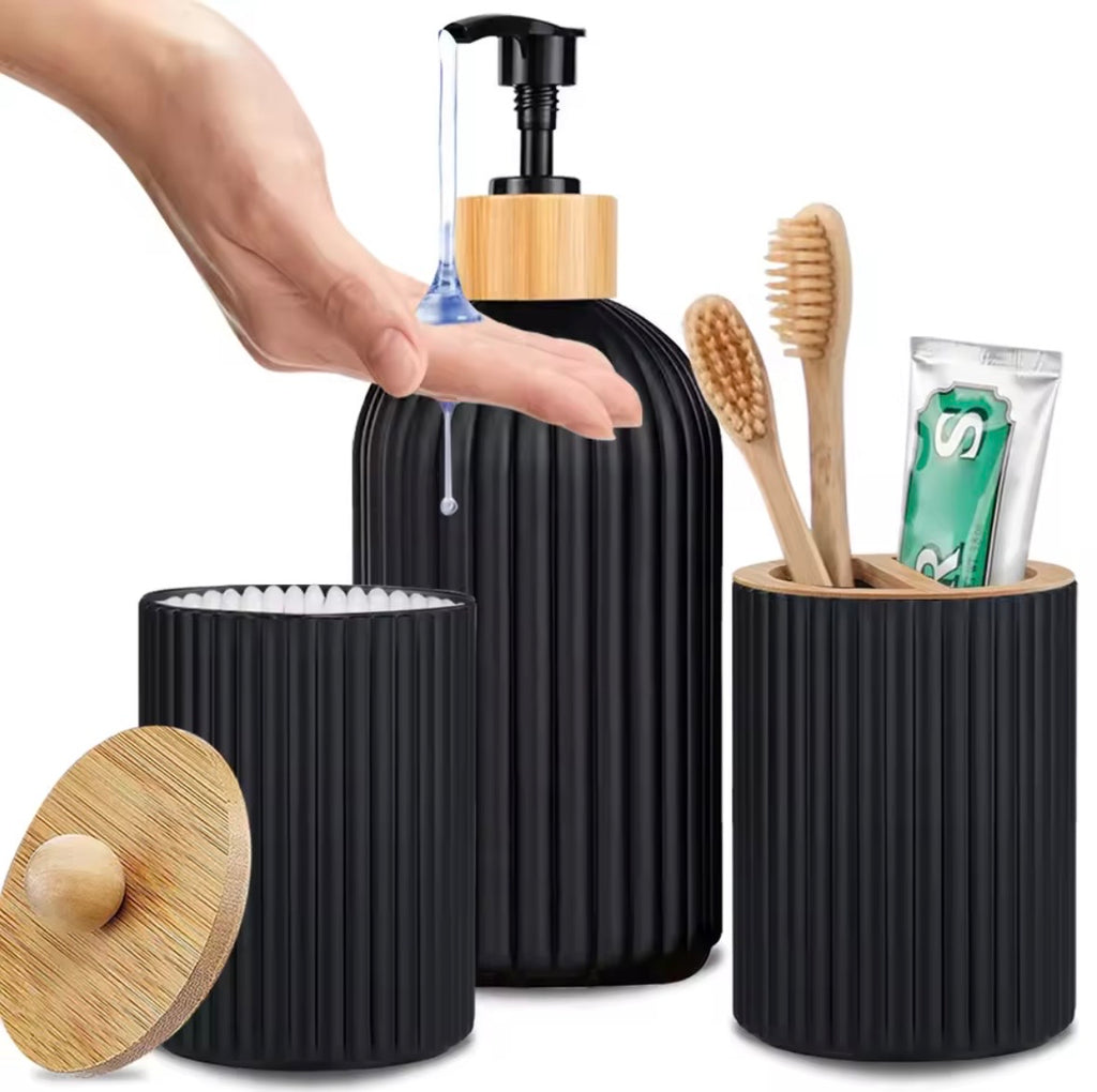 Luxury 3-Piece Bathroom Accessory Set - Ribbed Matte Black Ceramic Vanity Organizer with Bamboo Accents